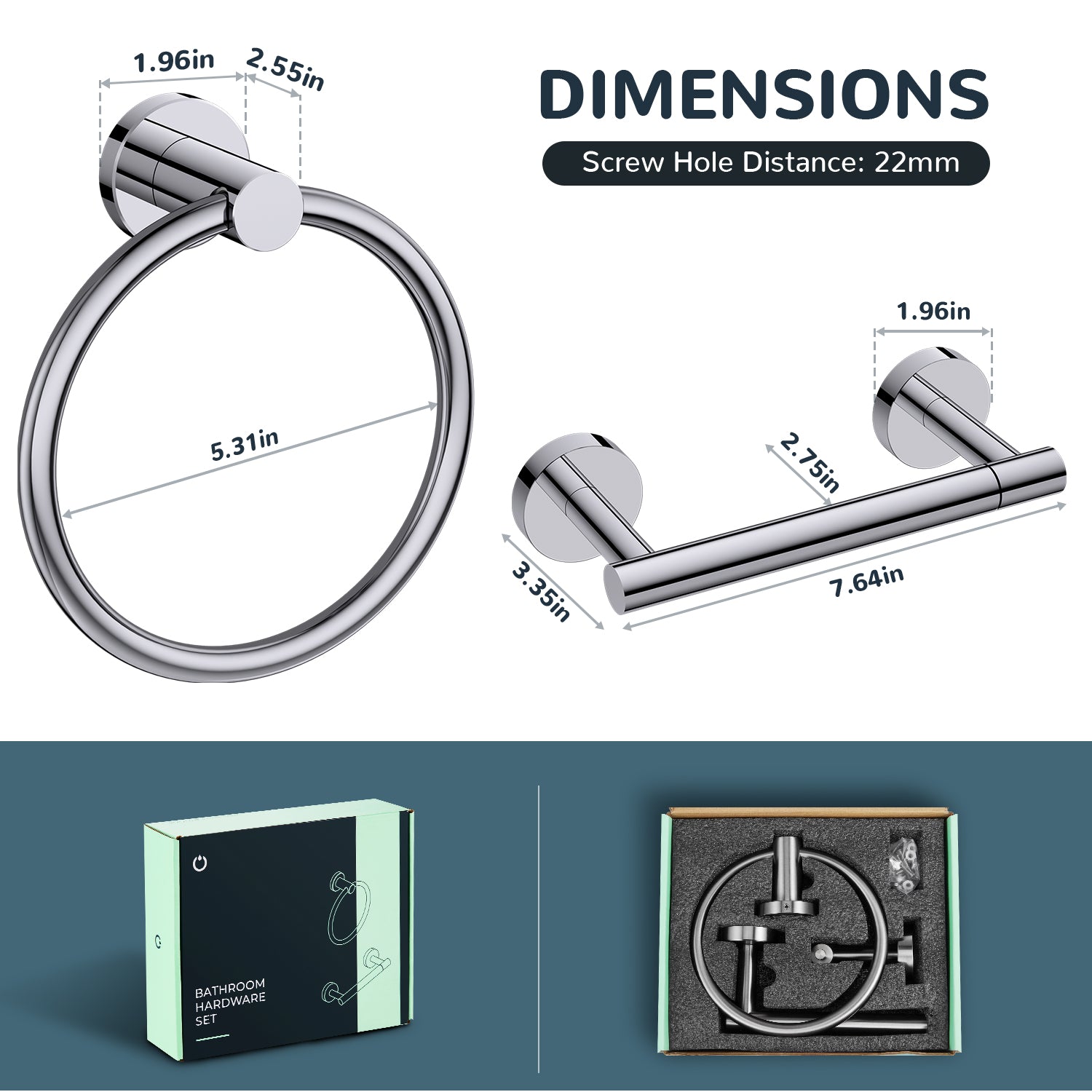 FORIOUS Toilet Paper Holder Wall Mount, Sus304 Stainless Steel Hand Towel Ring, Silver Bathroom Hardware Set with Pivoting Toilet Paper Roll Holder