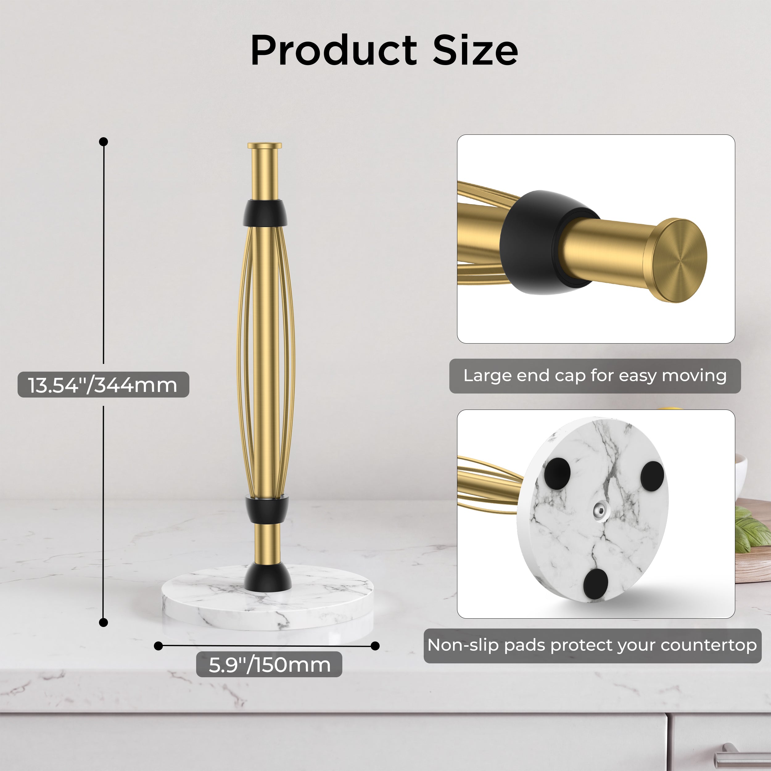 FORIOUS Paper Towel Holder Countertop, One-Handed Tear,Weighted Marble Base 304 Stainless Steel Paper Towel Stand, Ratchet Mechanism for Easy Tearing, Fits Standard & Jumbo Rolls for Kitchen, Silver
