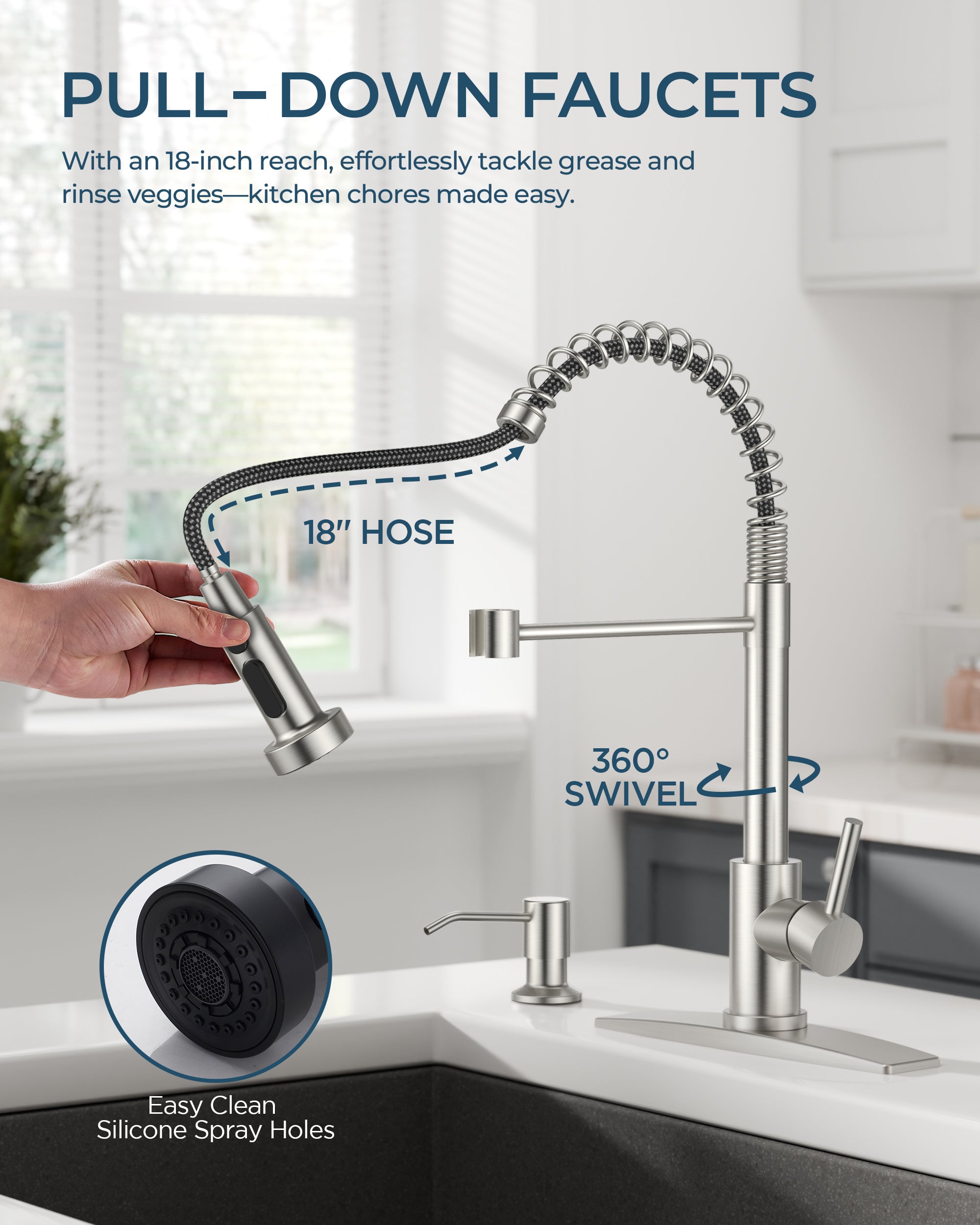 FORIOUS Kitchen Faucet with Soap Dispenser, Stainless Steel Kitchen Sink Faucet with Pull Down Sprayer Burhsed Nickel Single Handle Modern Spring Commercial for Laundry Room RV Camp Bar Farmhouse