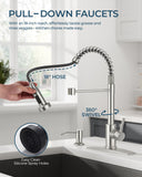 FORIOUS Kitchen Faucet with Soap Dispenser, Stainless Steel Kitchen Sink Faucet with Pull Down Sprayer Burhsed Nickel Single Handle Modern Spring Commercial for Laundry Room RV Camp Bar Farmhouse