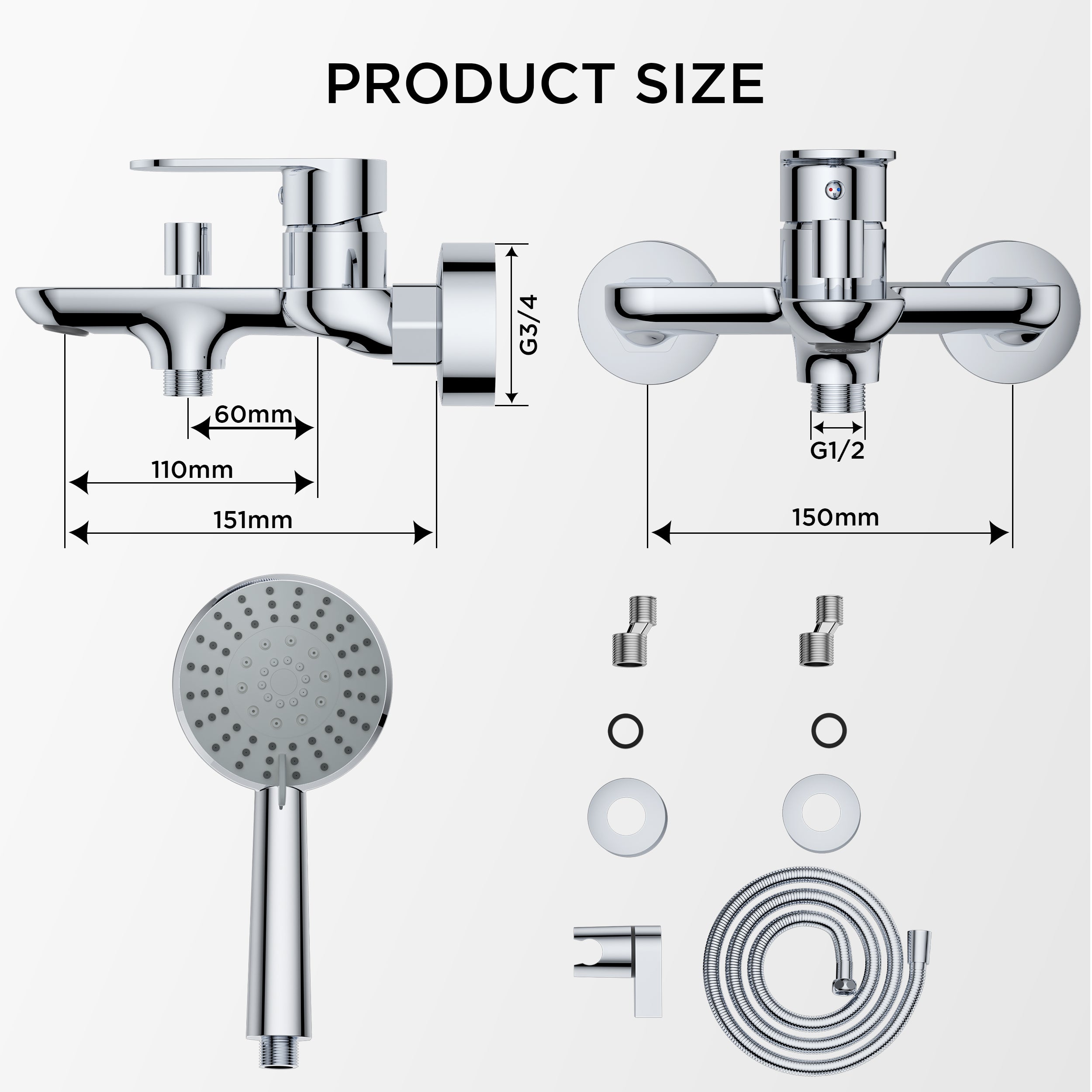 Dearocean Shower faucets with handheld shower heads, single-handle bathtub faucets with diverter valves, wall-mounted bathtub mixer faucets, stainless steel shower faucets, modern-style round chrome-plated faucet sets&nbsp;