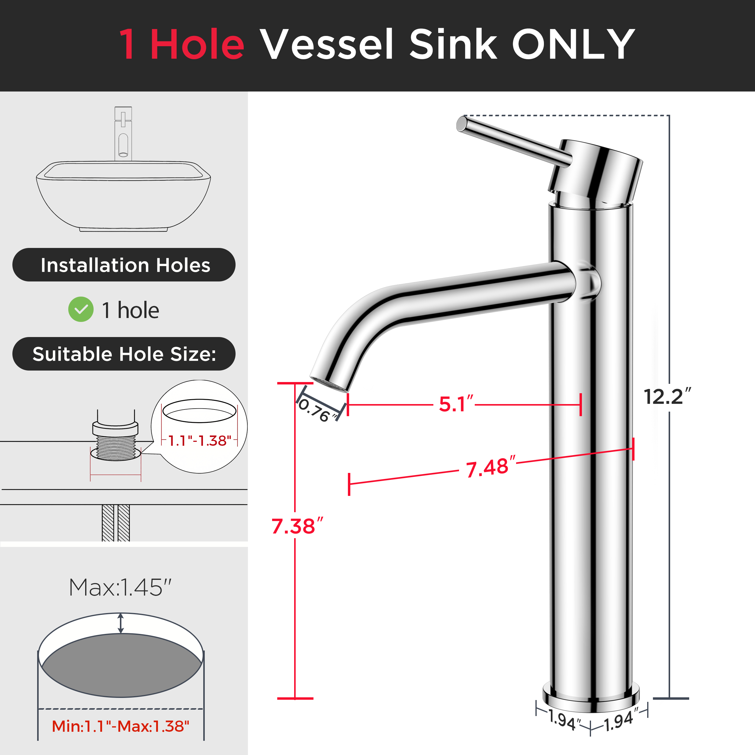 FORIOUS Chrome Bathroom Vessel Sink Faucet 1 Hole, Tall Bathroom Faucet Single Handle One Hole with Pop Up Drain and Supply Lines, Basin Bowl Vanity Lavatory Residential/Commercial Use