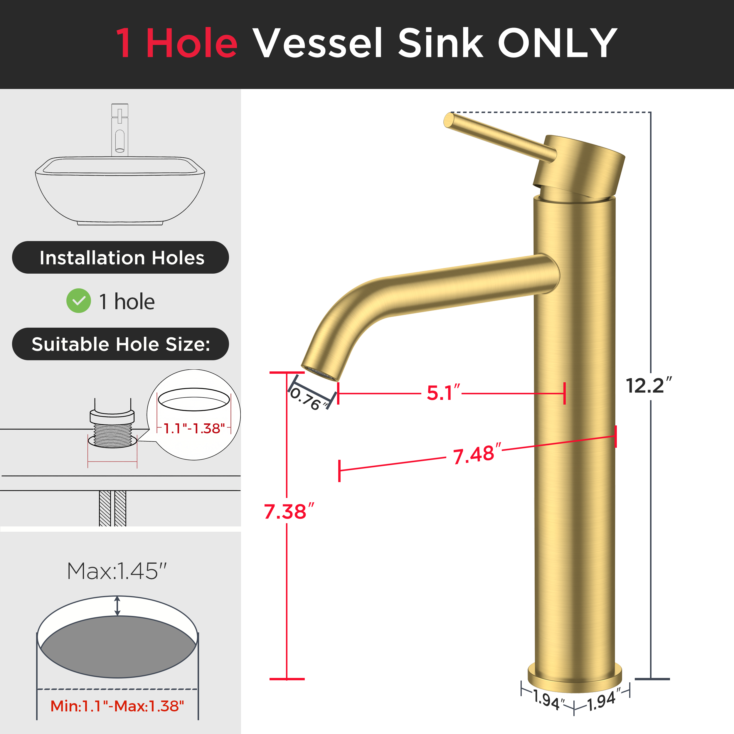 FORIOUS Gold Bathroom Vessel Sink Faucet 1 Hole, Tall Bathroom Faucet Single Handle One Hole with Pop Up Drain and Supply Lines, Basin Bowl Vanity Lavatory Residential/Commercial Use