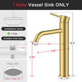 FORIOUS Gold Bathroom Vessel Sink Faucet 1 Hole, Tall Bathroom Faucet Single Handle One Hole with Pop Up Drain and Supply Lines, Basin Bowl Vanity Lavatory Residential/Commercial Use