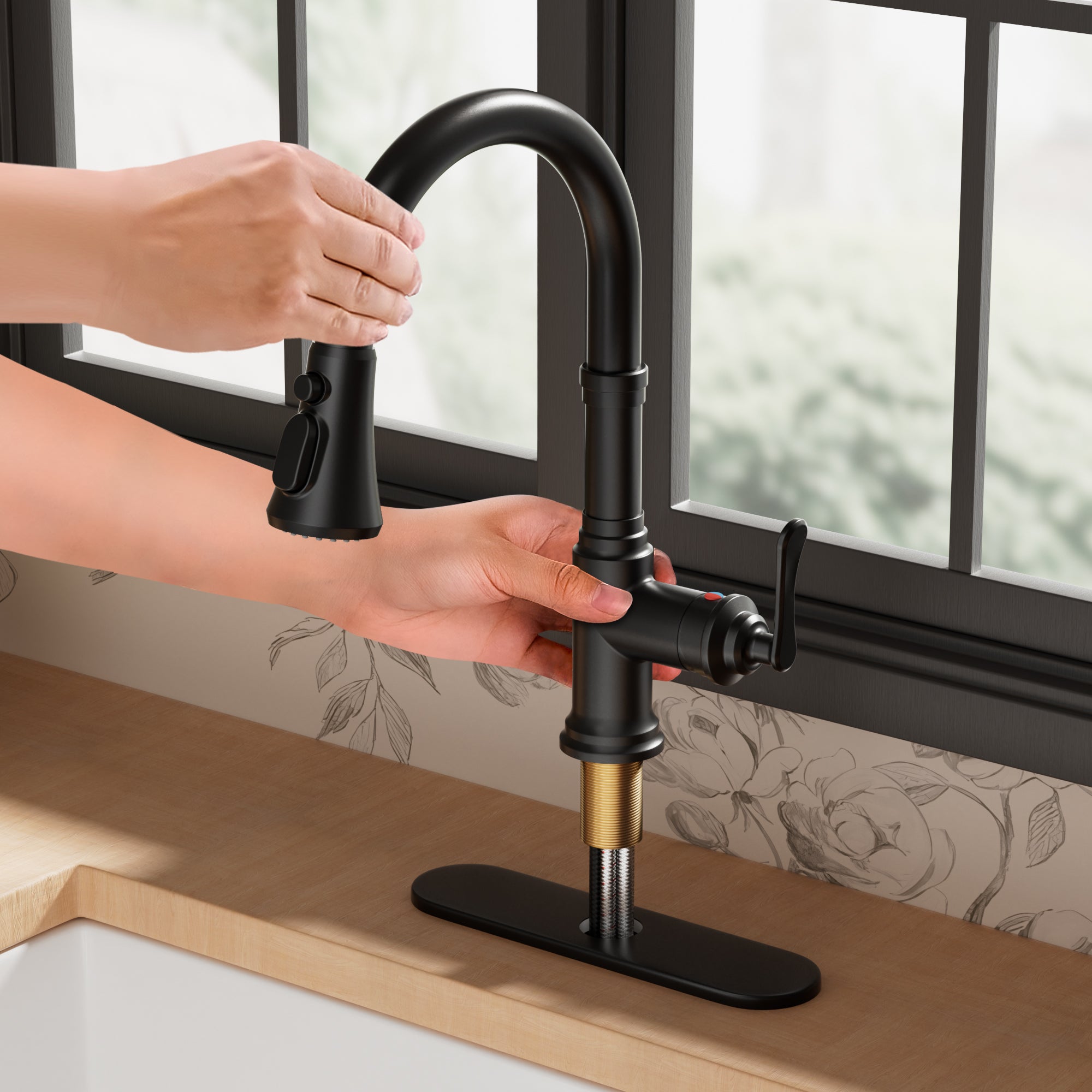 FORIOUS Antique Black Kitchen Faucets with Pull Down Sprayer, 3 in 1 Stainless Steel High Arc Single Handle Sink Faucet for Farmhouse Camper Rv Bar, Fit for 1 or 3 Hole