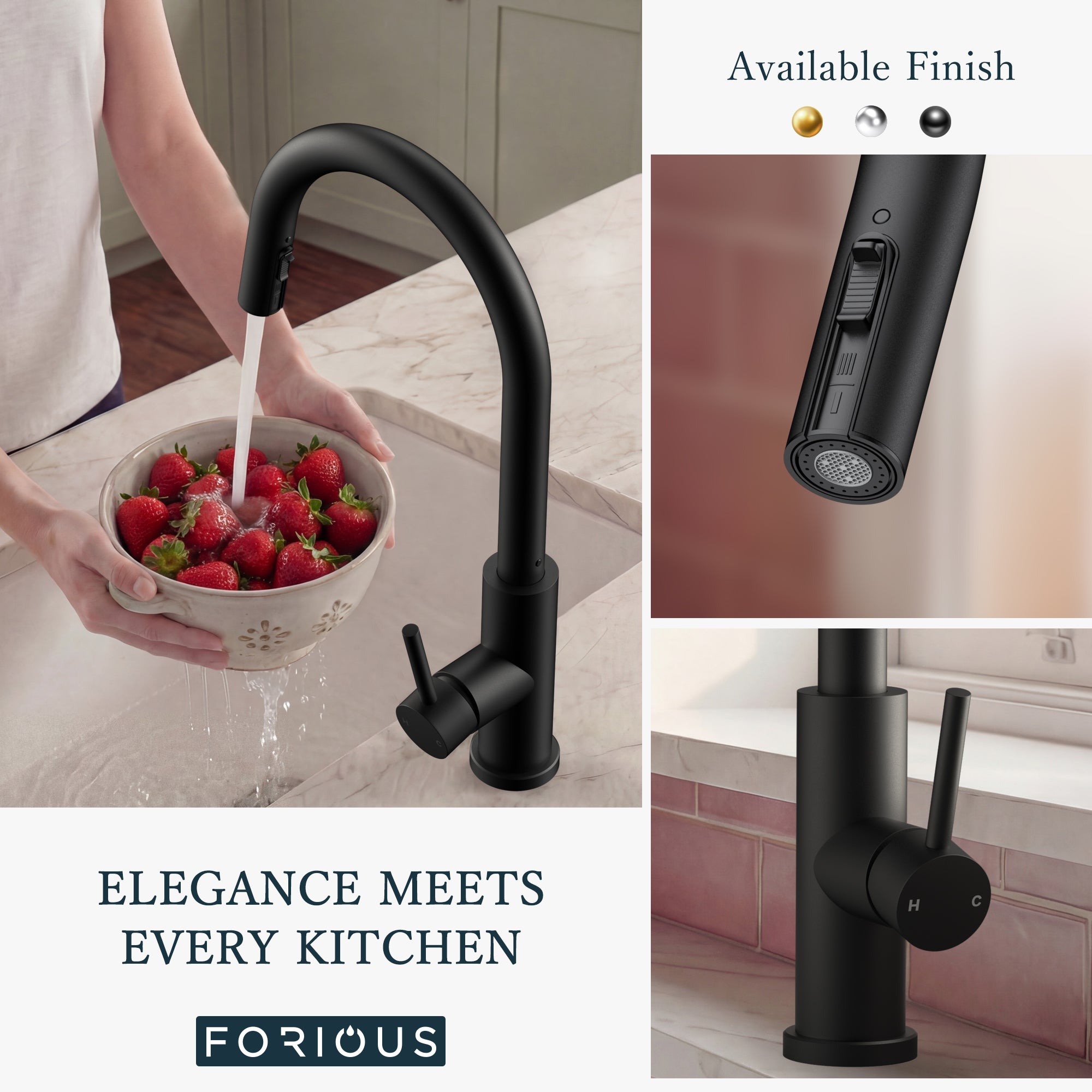 FORIOUS Kitchen Faucets with Pull Down Sprayer, Black Single Handle Stainless Steel High Arc Kitchen Sink Faucet with Deck Plate, 1 or 3 Hole Sink Faucet for Bar RV Outdoor Laundry Farmhouse