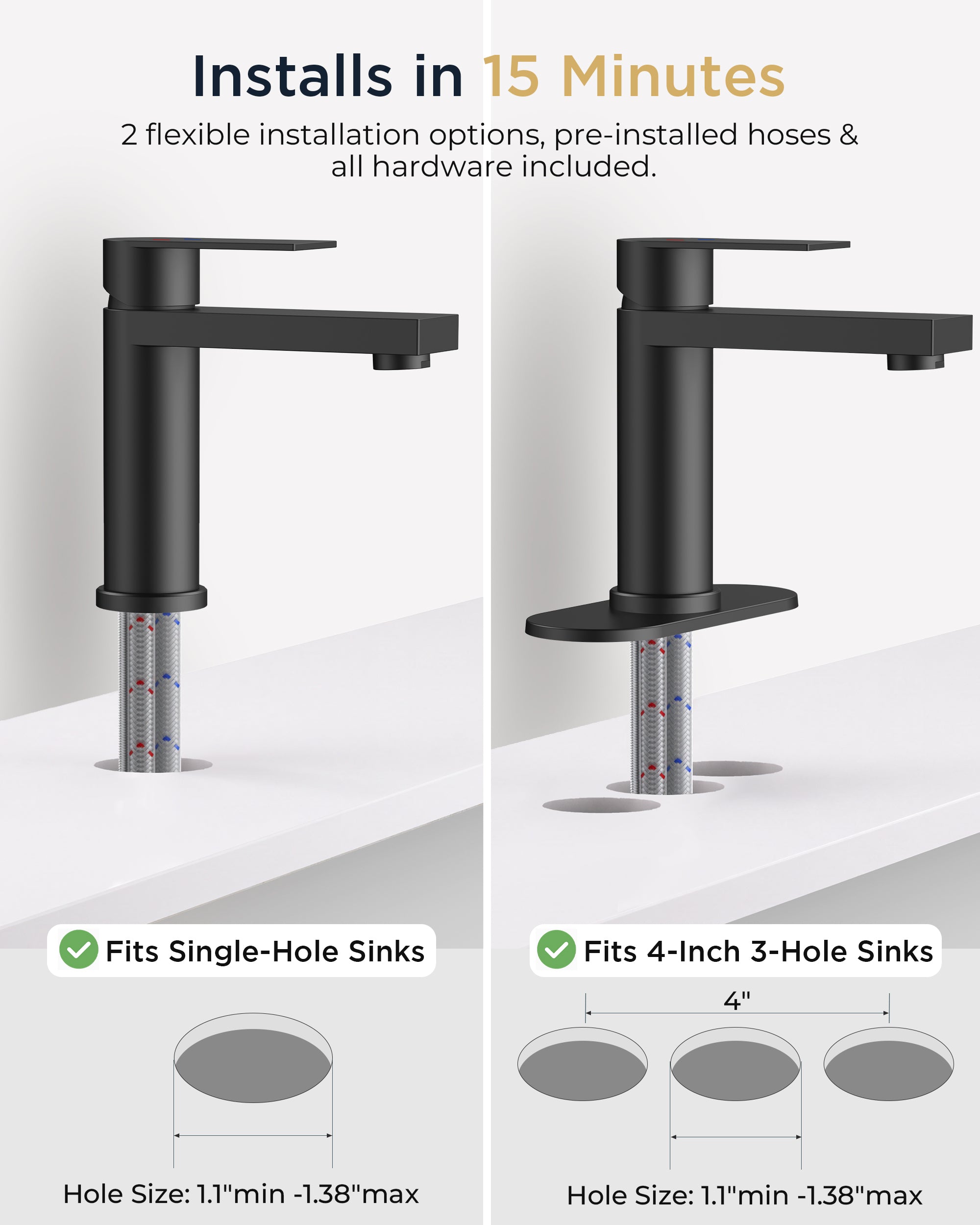 FORIOUS Bathroom Faucet 1 Hole, Single Handle Vanity Faucet Matte Black