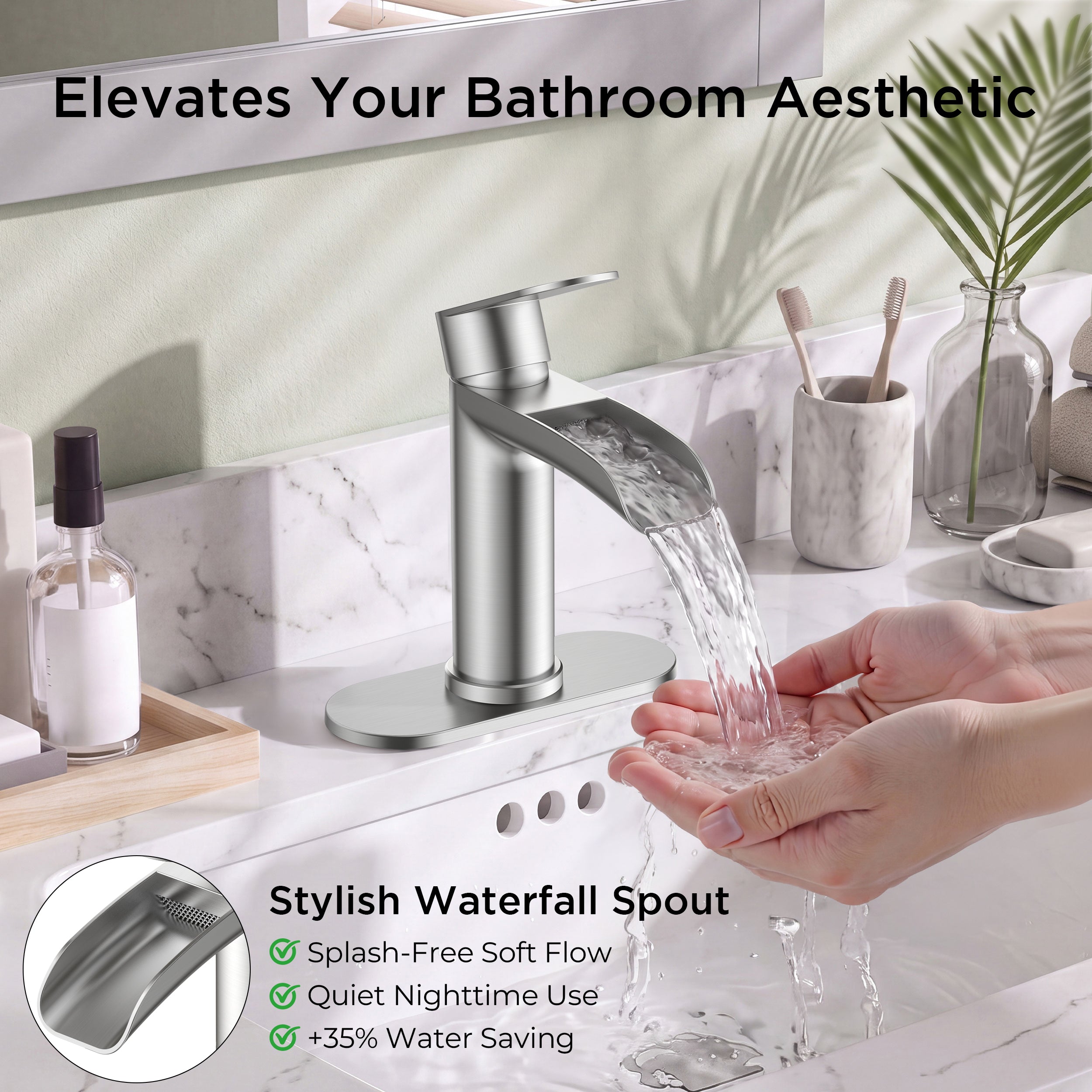 FORIOUS Single Handle Bathroom Faucet 1 Hole Vanity Sink Faucet Matte Black For 1 or 3 hole(4-inch centerset) Sink Setup, Modern Waterfall Spout, with Drain and Supply Lines for RV Vantiy Restroom