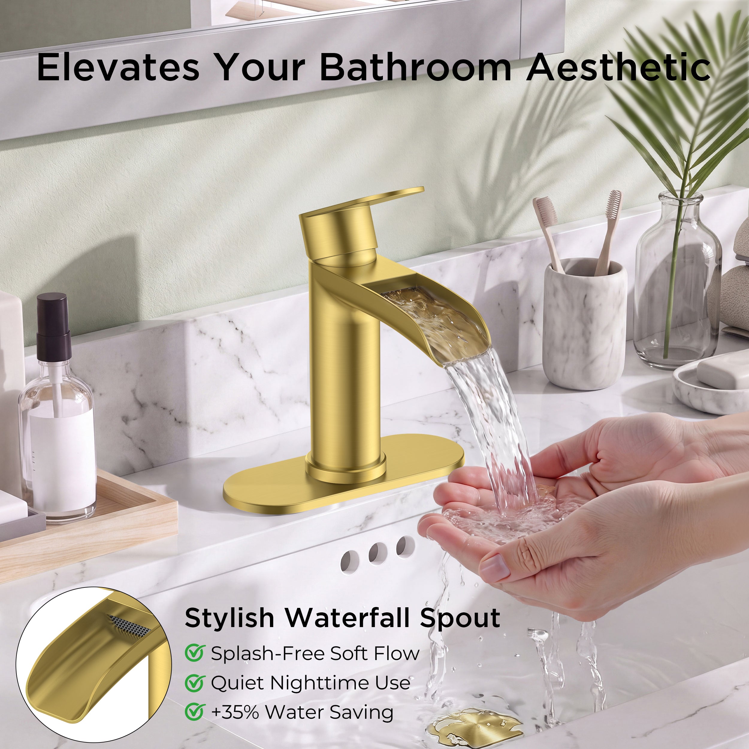 FORIOUS Single Handle Bathroom Faucet 1 Hole Vanity Sink Faucet Matte Black For 1 or 3 hole(4-inch centerset) Sink Setup, Modern Waterfall Spout, with Drain and Supply Lines for RV Vantiy Restroom