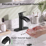 FORIOUS Single Handle Bathroom Faucet 1 Hole Vanity Sink Faucet Matte Black For 1 or 3 hole(4-inch centerset) Sink Setup, Modern Waterfall Spout, with Drain and Supply Lines for RV Vantiy Restroom