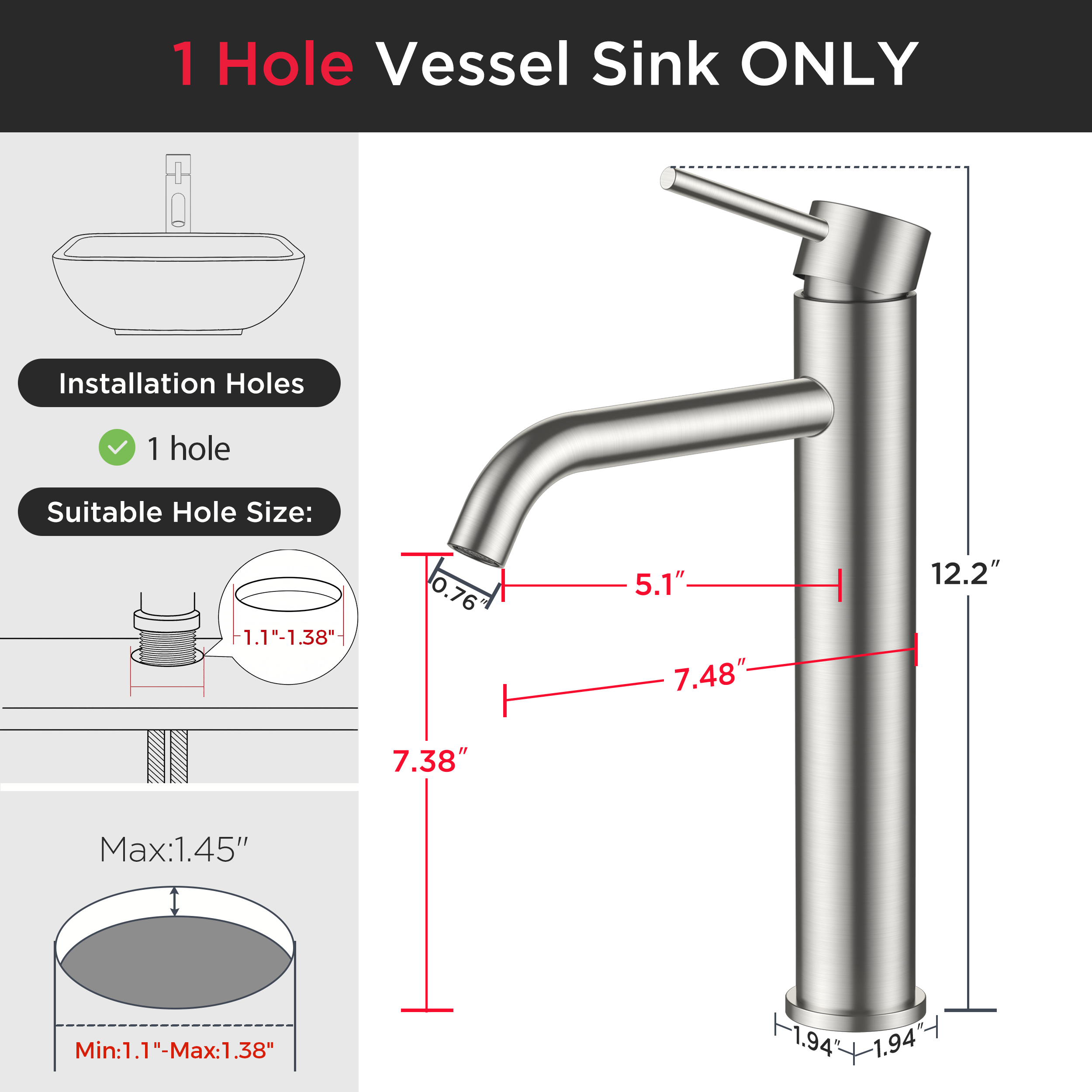 FORIOUS Brushed Nickel Bathroom Vessel Sink Faucet 1 Hole, Tall Bathroom Faucet Single Handle One Hole with Pop Up Drain and Supply Lines, Basin Bowl Vanity Lavatory Residential/Commercial Use