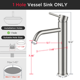 FORIOUS Brushed Nickel Bathroom Vessel Sink Faucet 1 Hole, Tall Bathroom Faucet Single Handle One Hole with Pop Up Drain and Supply Lines, Basin Bowl Vanity Lavatory Residential/Commercial Use