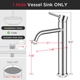 FORIOUS Chrome Bathroom Vessel Sink Faucet 1 Hole, Tall Bathroom Faucet Single Handle One Hole with Pop Up Drain and Supply Lines, Basin Bowl Vanity Lavatory Residential/Commercial Use