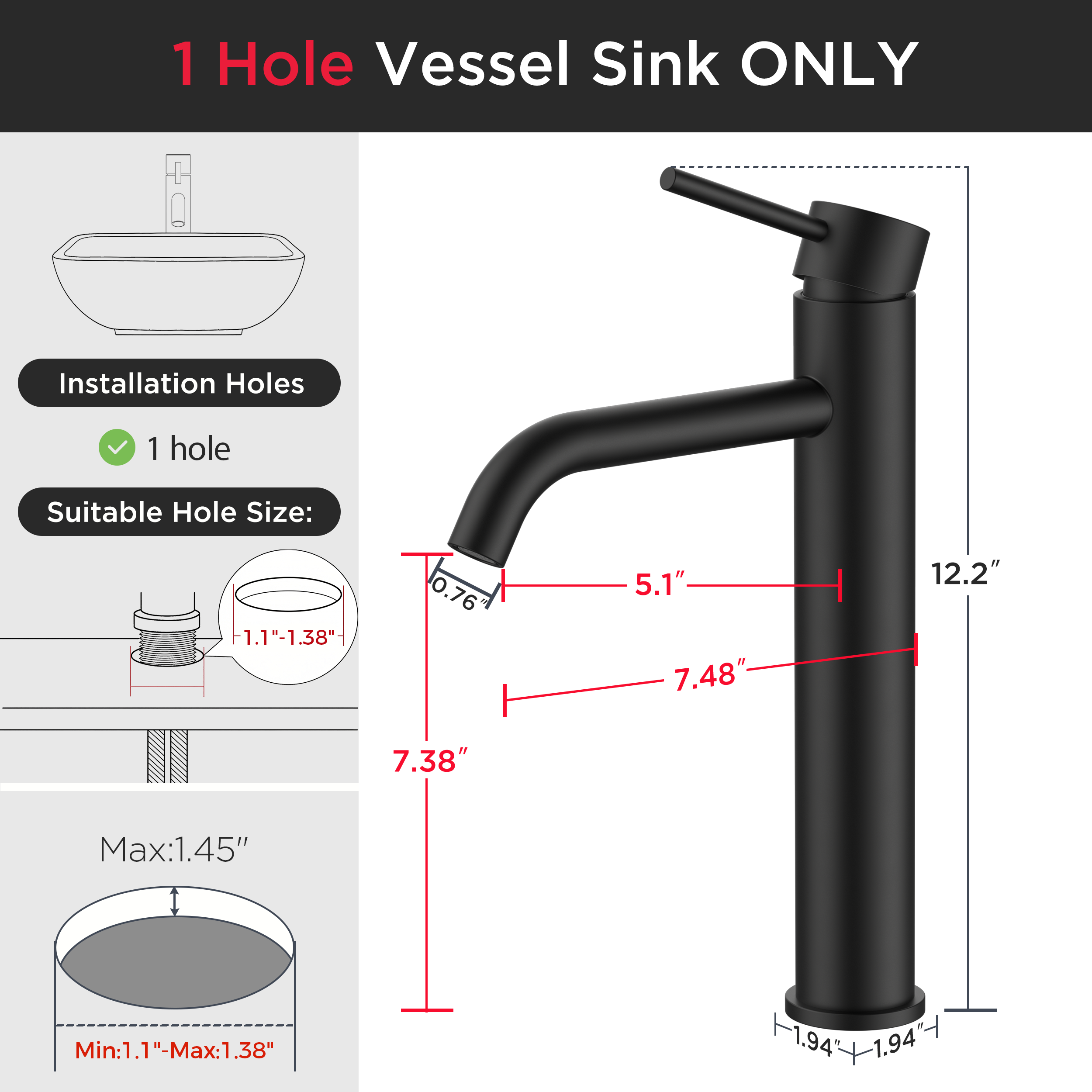 FORIOUS Matte Black Bathroom Vessel Sink Faucet 1 Hole, Tall Bathroom Faucet Single Handle One Hole with Pop Up Drain and Supply Lines, Basin Bowl Vanity Lavatory Residential/Commercial Use