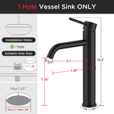 FORIOUS Matte Black Bathroom Vessel Sink Faucet 1 Hole, Tall Bathroom Faucet Single Handle One Hole with Pop Up Drain and Supply Lines, Basin Bowl Vanity Lavatory Residential/Commercial Use