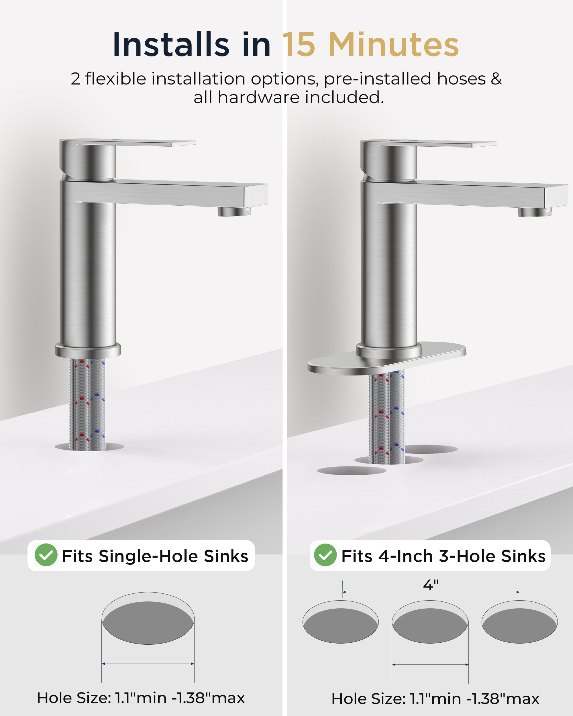 FORIOUS Bathroom Faucet 1 Hole, Single Handle Vanity Faucet Matte Black
