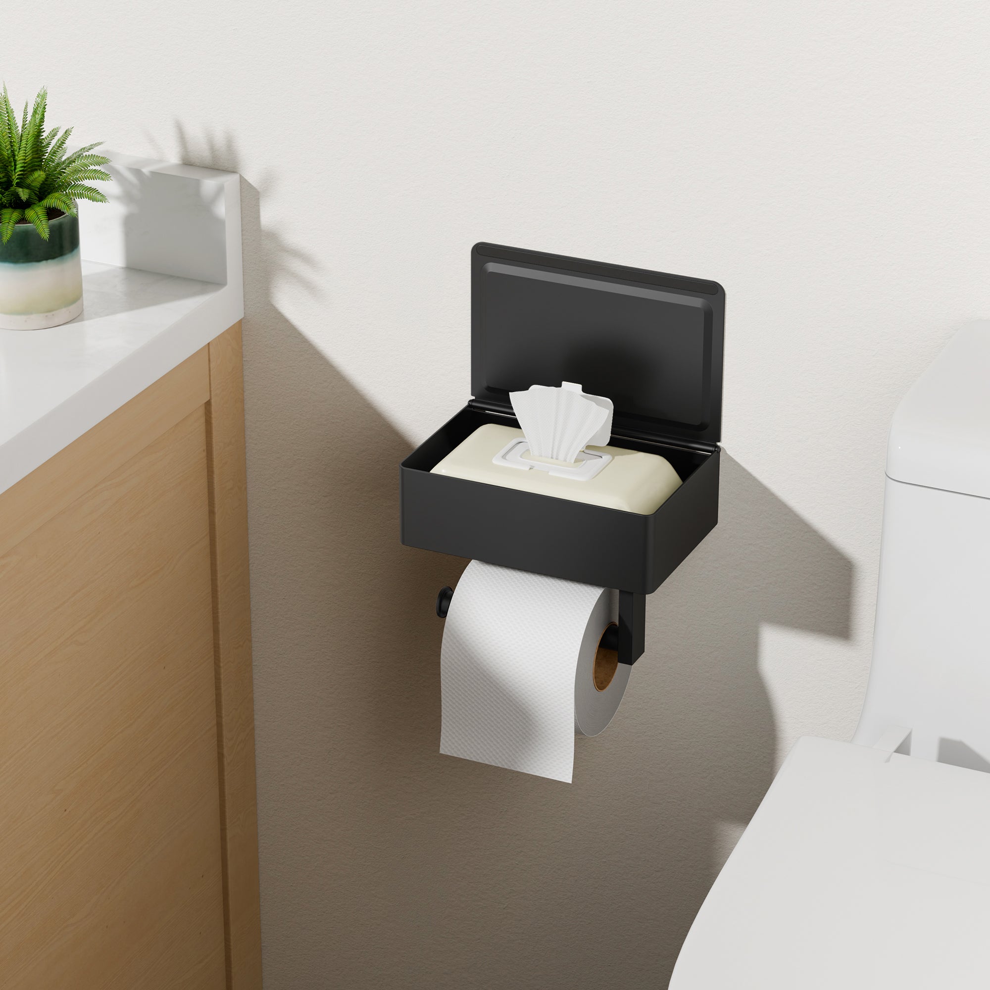 FORIOUS Toilet Paper Holder with Shelf, Wall-Mounted Modern Wipes Dispenser | Matte Black | Toilet Paper Holder with Storage for Bathroom | Fits Wipes, Sanitary Napkins, Tampons | 8.0"x5.3" Large Shelf