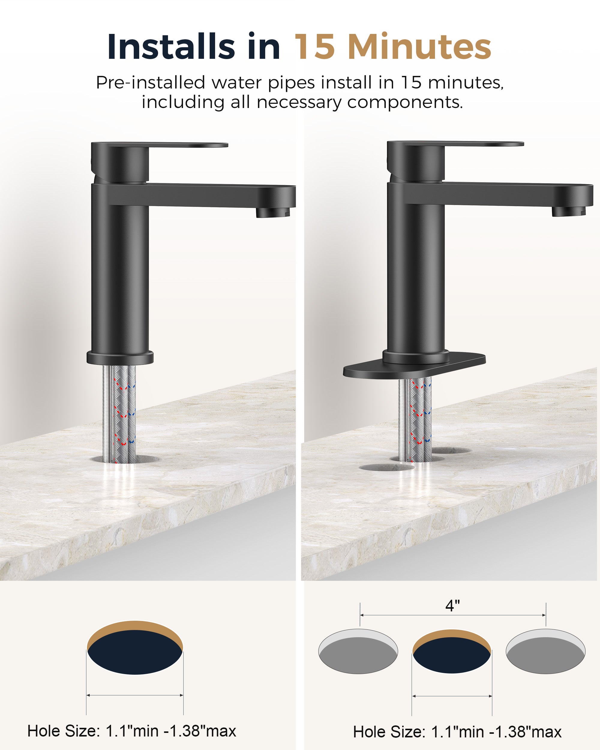 FORIOUS Bathroom Faucet 1 Hole, Single Handle Vanity Faucet Polished Chrome Bathroom Sink Faucet with Deck Plate, Fits 1 Hole and 4-Inch 3 Hole Install, for RV Vanity Lavatory Restroom Camper