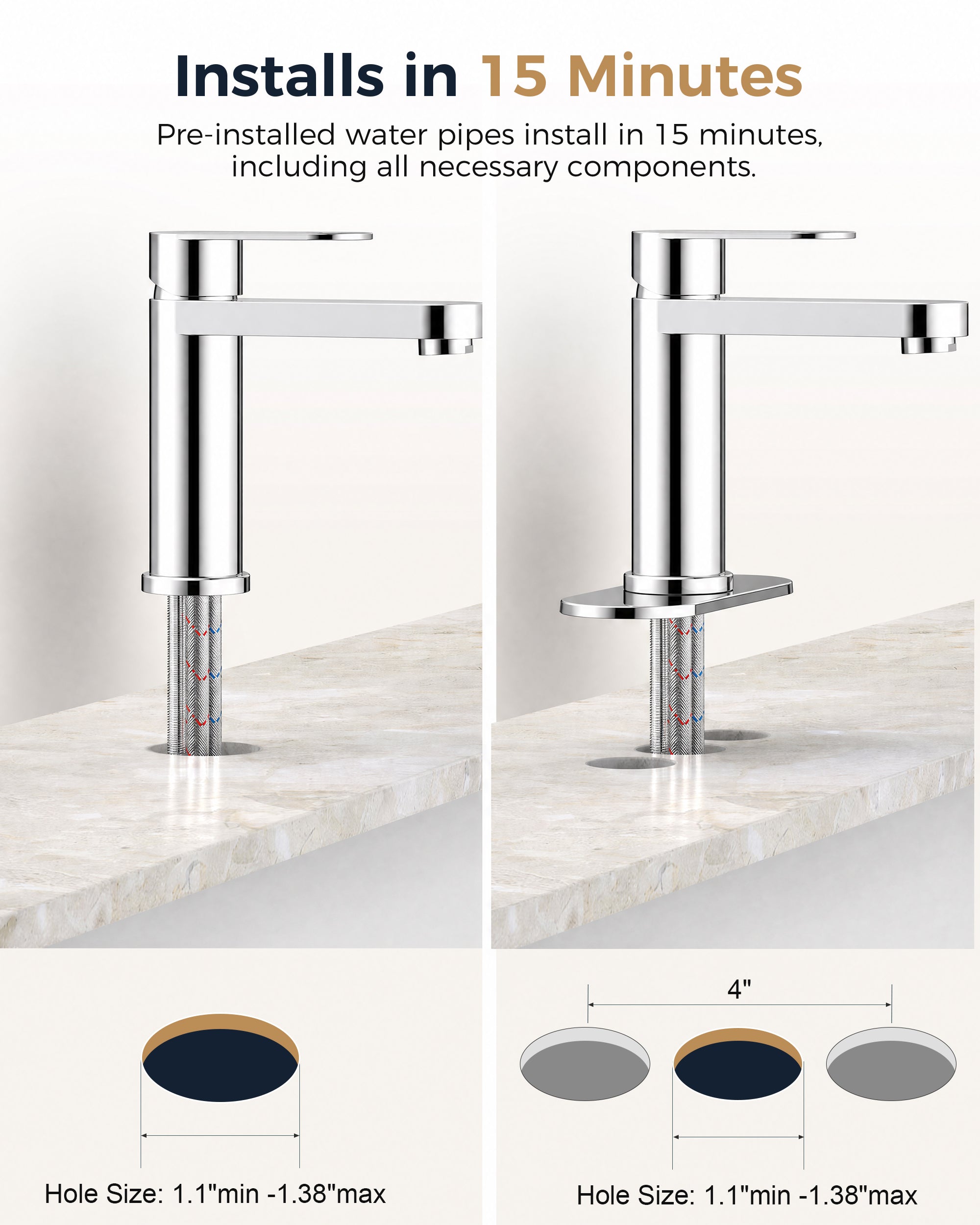 FORIOUS Bathroom Faucet 1 Hole, Single Handle Vanity Faucet Polished Chrome Bathroom Sink Faucet with Deck Plate, Fits 1 Hole and 4-Inch 3 Hole Install, for RV Vanity Lavatory Restroom Camper