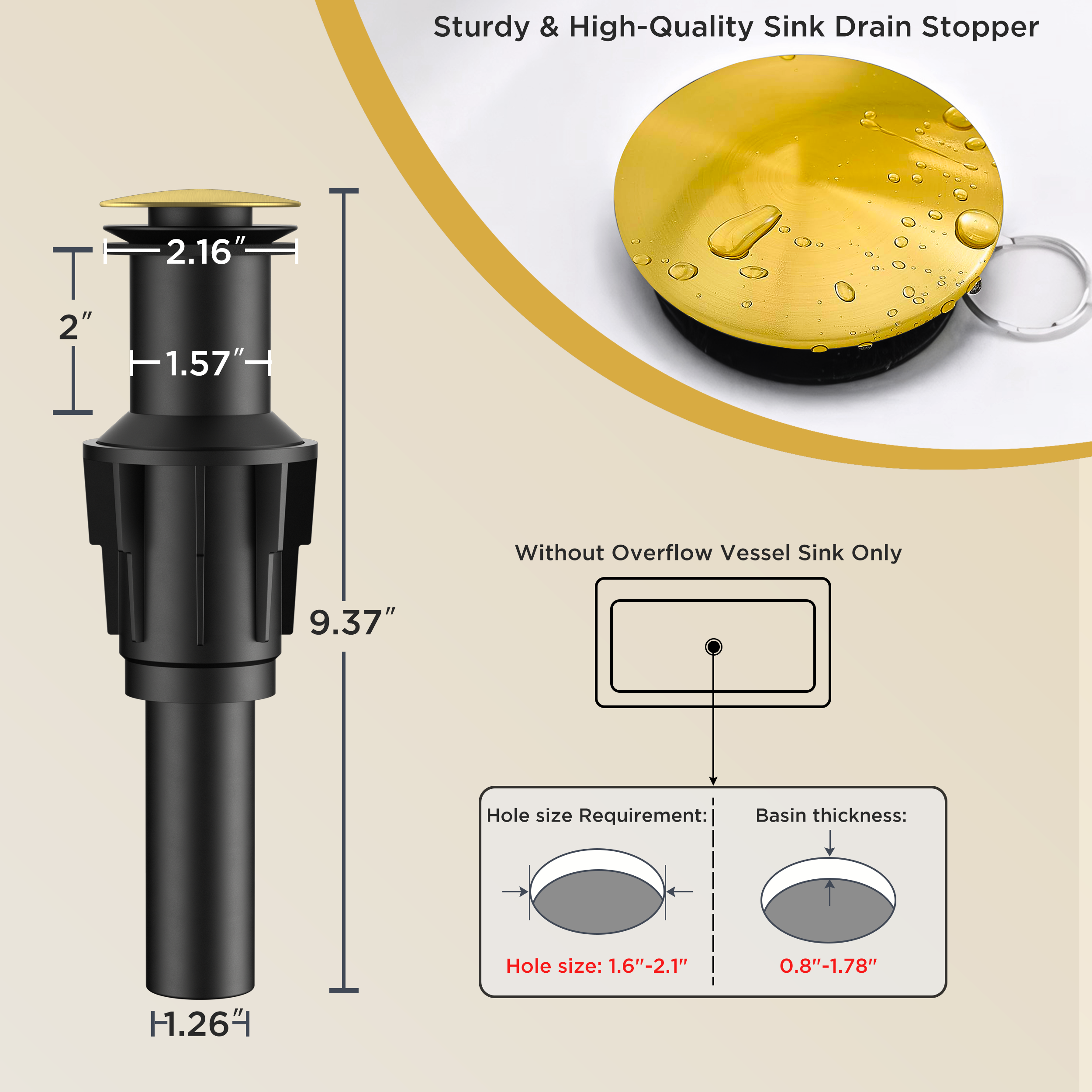 FORIOUS Gold Bathroom Vessel Sink Faucet 1 Hole, Tall Bathroom Faucet Single Handle One Hole with Pop Up Drain and Supply Lines, Basin Bowl Vanity Lavatory Residential/Commercial Use