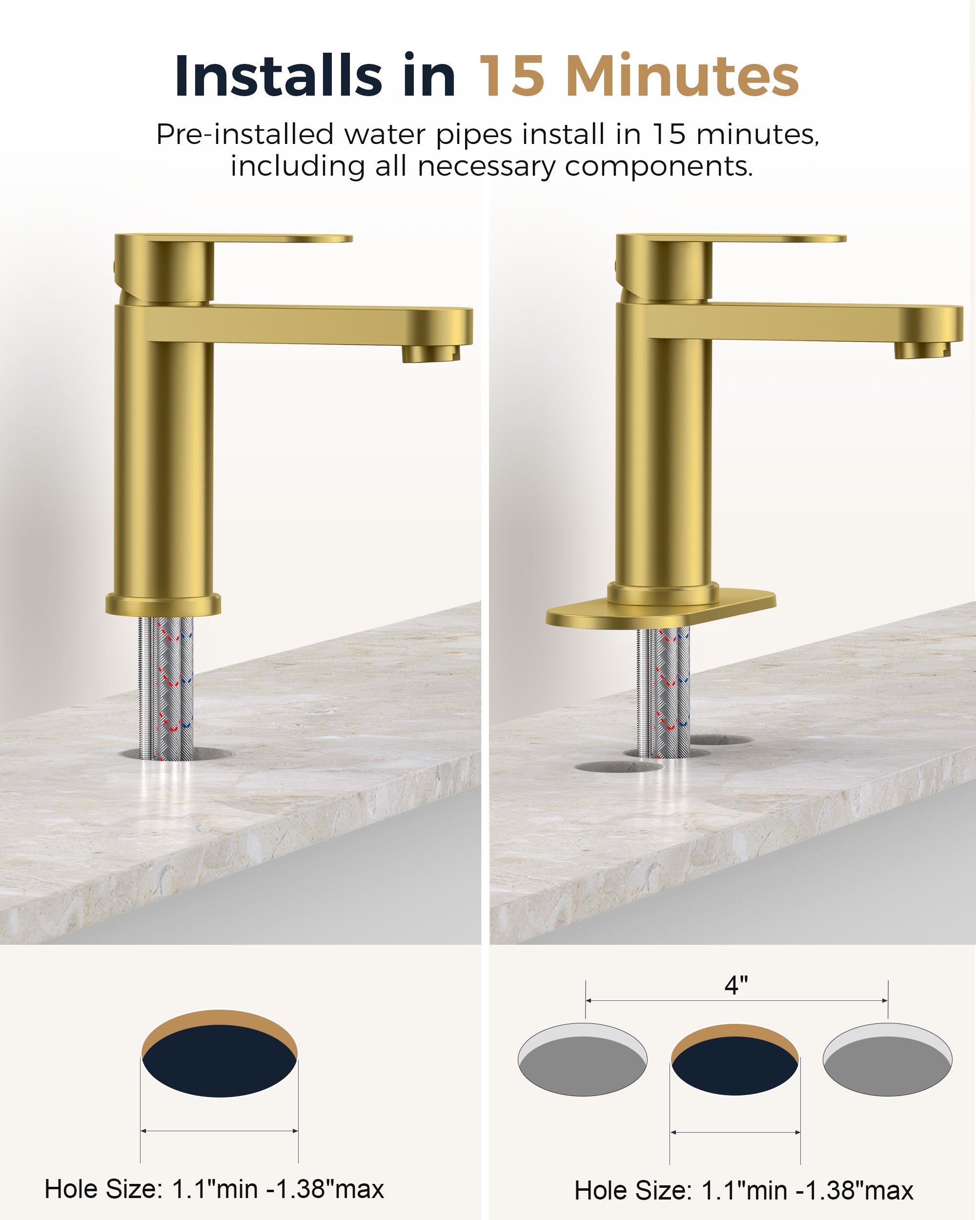 FORIOUS Bathroom Faucet 1 Hole, Single Handle Vanity Faucet Polished Chrome Bathroom Sink Faucet with Deck Plate, Fits 1 Hole and 4-Inch 3 Hole Install, for RV Vanity Lavatory Restroom Camper
