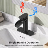 FORIOUS Single Handle Bathroom Faucet 1 Hole Vanity Sink Faucet Matte Black For 1 or 3 hole(4-inch centerset) Sink Setup, Modern Waterfall Spout, with Drain and Supply Lines for RV Vantiy Restroom