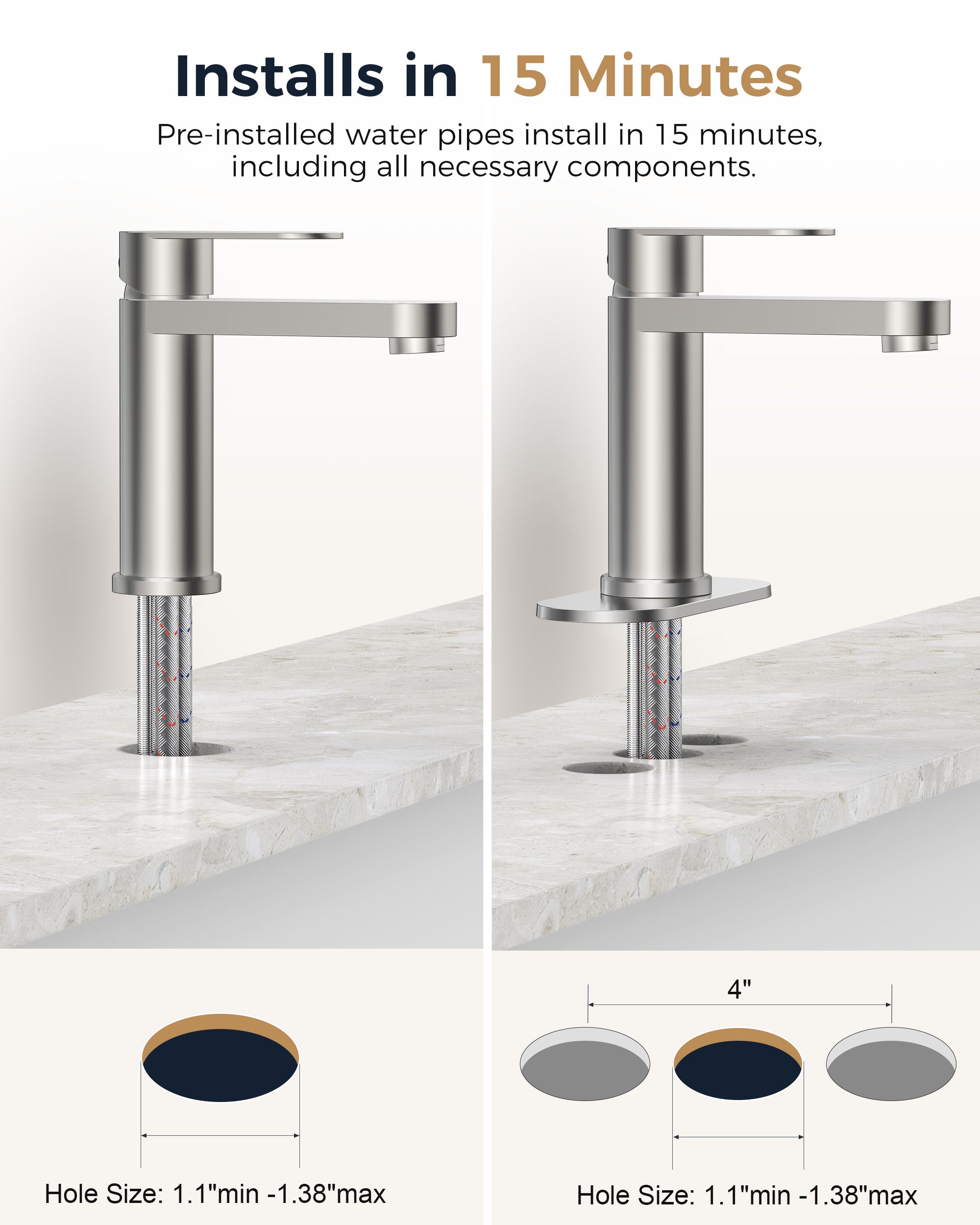 FORIOUS Bathroom Faucet 1 Hole, Single Handle Vanity Faucet Polished Chrome Bathroom Sink Faucet with Deck Plate, Fits 1 Hole and 4-Inch 3 Hole Install, for RV Vanity Lavatory Restroom Camper
