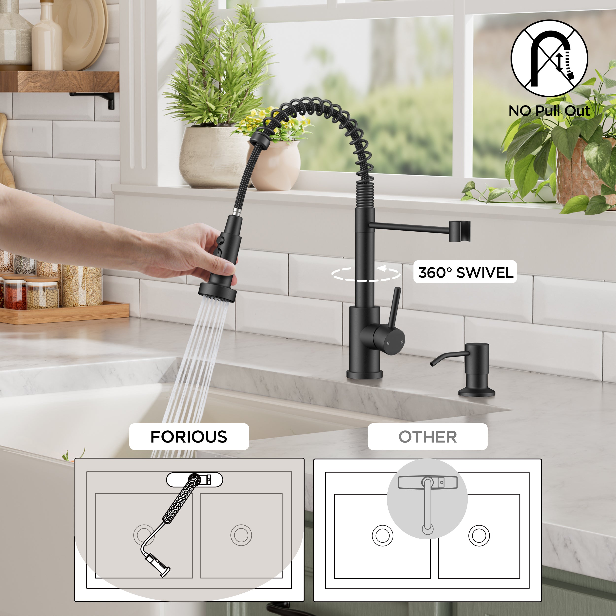 FORIOUS Black Kitchen Faucets with Sprayer, Stainless Steel Sink Faucet Single Handle with Deck Plate, Commercial Classic Spring Faucet for Kitchen Sink, Bar & Prep Sinks, Laundry RV Camper