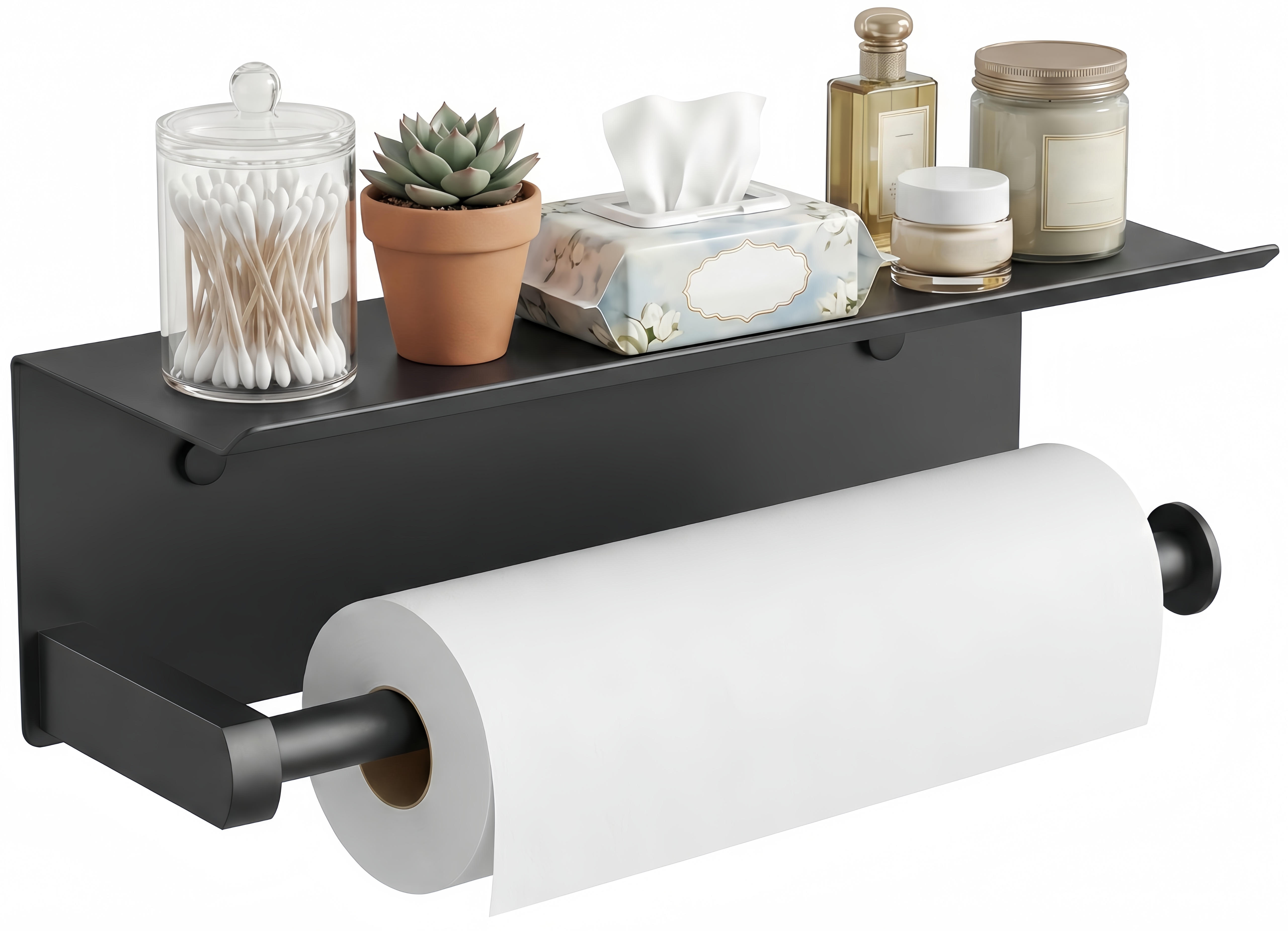 FORIOUS Wall Mount Paper Towel Holder with Shelf，Stainless Steel | Heavy Duty SUS304 Stainless Steel Paper Roll Organizer with Storage Spice Shelf, Screw-in for Kitchen, Bathroom, RV & Garage