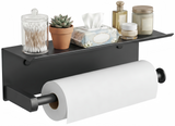FORIOUS Wall Mount Paper Towel Holder with Shelf，Stainless Steel | Heavy Duty SUS304 Stainless Steel Paper Roll Organizer with Storage Spice Shelf, Screw-in for Kitchen, Bathroom, RV & Garage