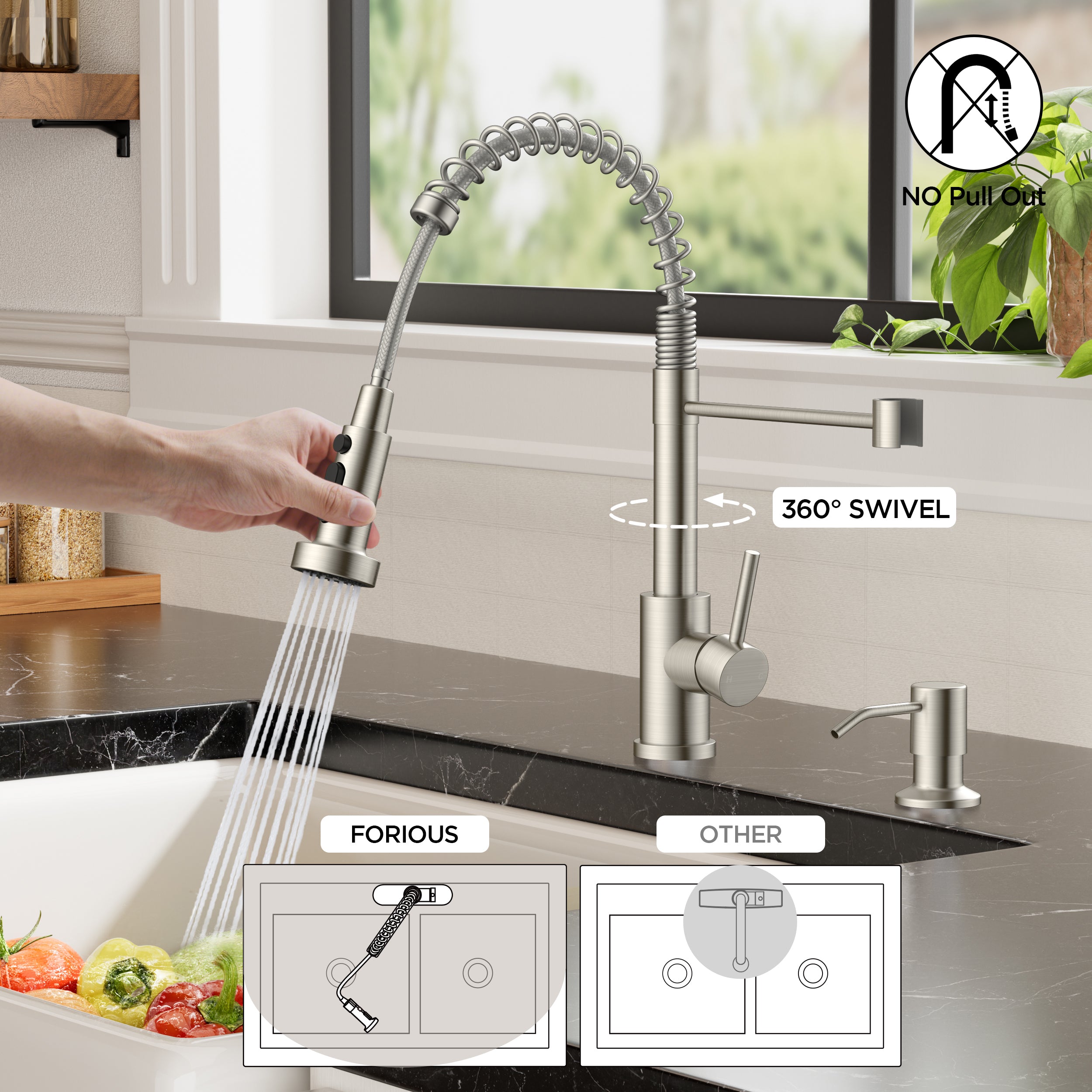 FORIOUS Kitchen Faucet with Soap Dispenser, Brushed Nickel Stainless Steel Sink Faucet with Sprayer Single Handle, Commercial Modern Spring Faucet for Kitchen Sink, Bar & Prep Sink, Laundry RV Camper