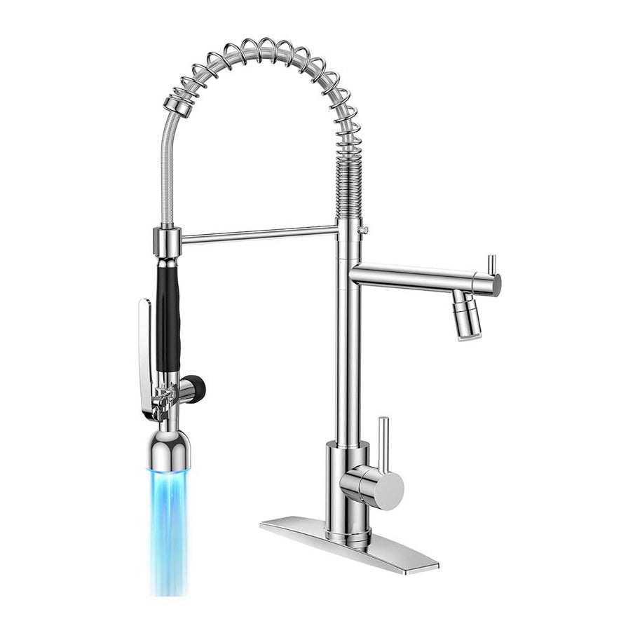 FORIOUS  Commercial Kitchen Sink Faucet with Sprayer High Pressure, Double-Headed Spring Kitchen Faucets for Sink Stainless Steel with Regular and LED Aerator