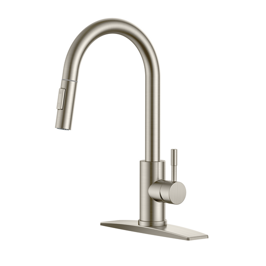 FORIOUS Kitchen Faucet with Pull Down Sprayer, Brushed Nickel High Arc Modern Classic Sink Faucet Stainless Steel with Deck Plate Fit for 1 or 3 Hole for Pot Filler Bar Farmhouse Laundry Rv
