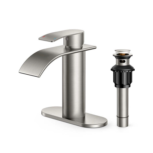 FORIOUS Waterfall Bathroom Faucet 1 Hole with Metal Pop up Drain