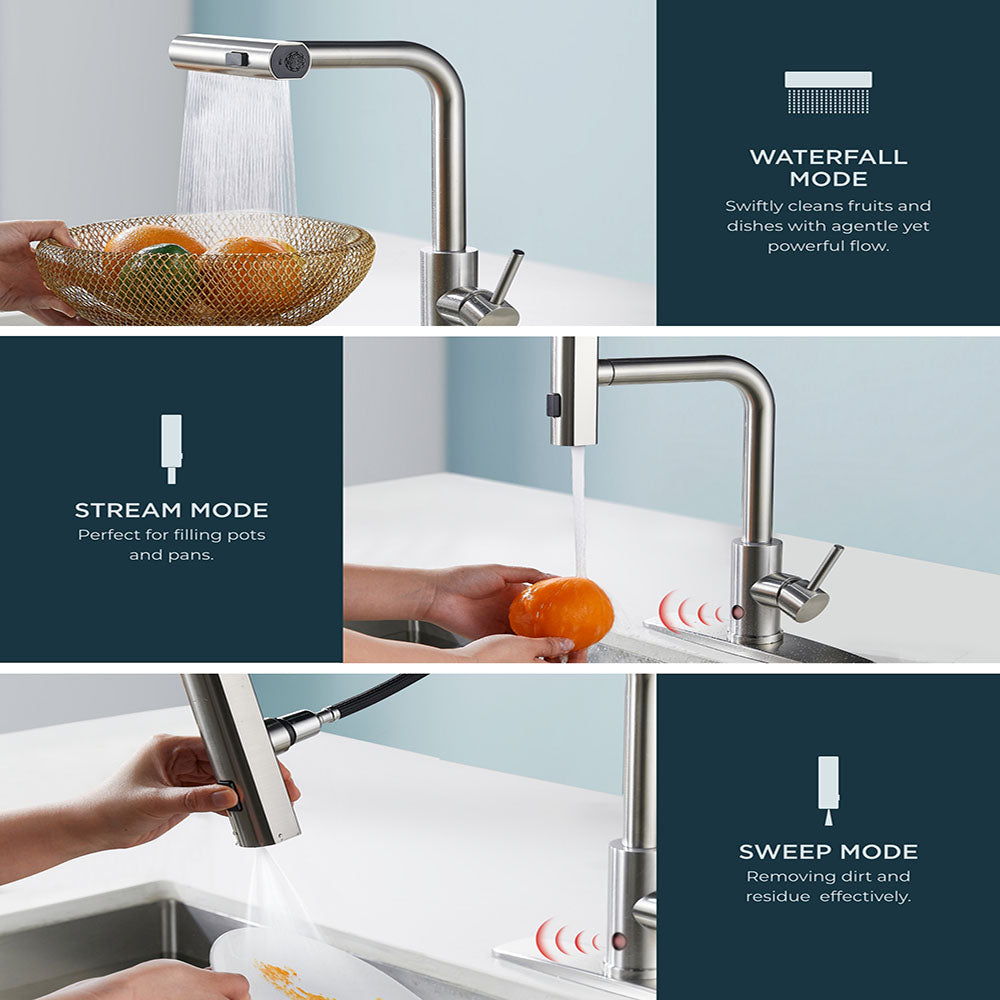 Kitchen Faucets  Touchless Waterfall with Pull Down Sprayer, Stainless Steel Kitchen Sink Faucet 3 in 1 Function, Waterfall Modern Faucet for Kitchen Sink