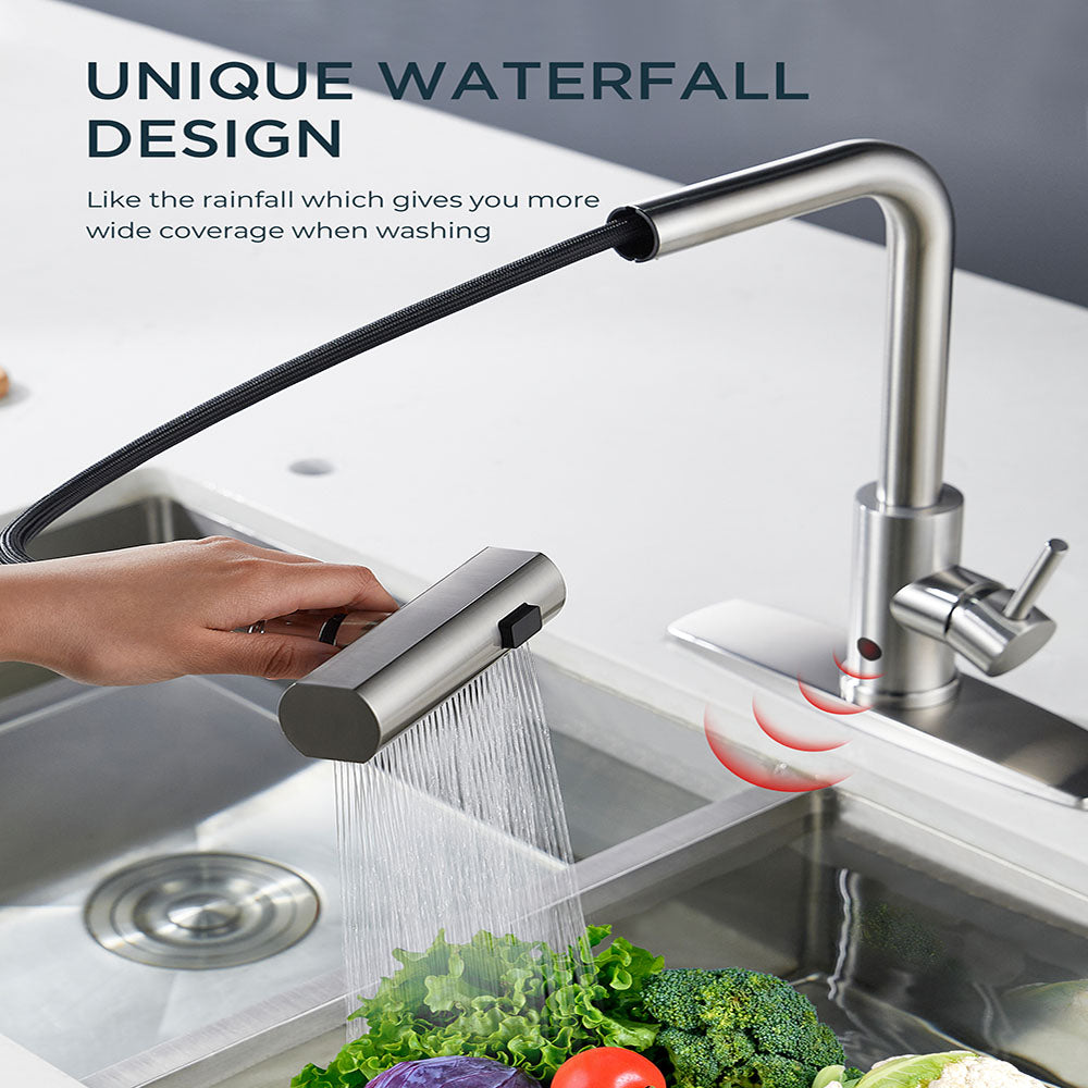 Kitchen Faucets  Touchless Waterfall with Pull Down Sprayer, Stainless Steel Kitchen Sink Faucet 3 in 1 Function, Waterfall Modern Faucet for Kitchen Sink