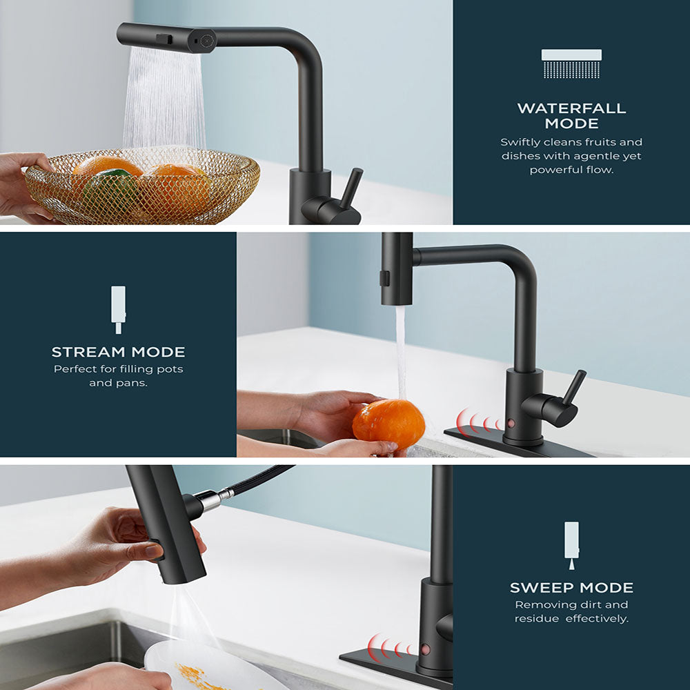 Kitchen Faucets  Touchless Waterfall with Pull Down Sprayer, Stainless Steel Kitchen Sink Faucet 3 in 1 Function, Waterfall Modern Faucet for Kitchen Sink