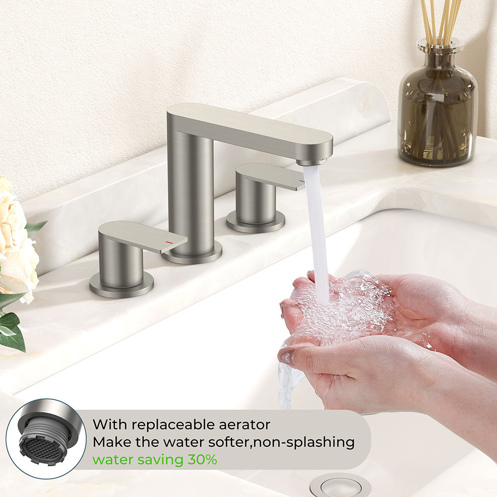 FORIOUS Brushed Nickel Vanity Bathroom Faucets 3 Hole, 8 Inch Widespread Bathroom Sink Faucet with Pop-up Drain and Supply Lines, 2-Handle for Basin