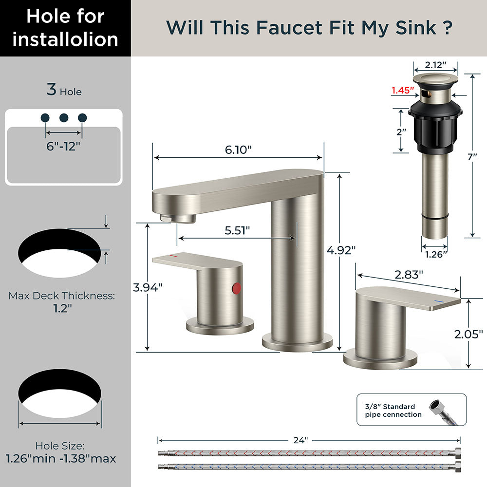FORIOUS Brushed Nickel Vanity Bathroom Faucets 3 Hole, 8 Inch Widespread Bathroom Sink Faucet with Pop-up Drain and Supply Lines, 2-Handle for Basin