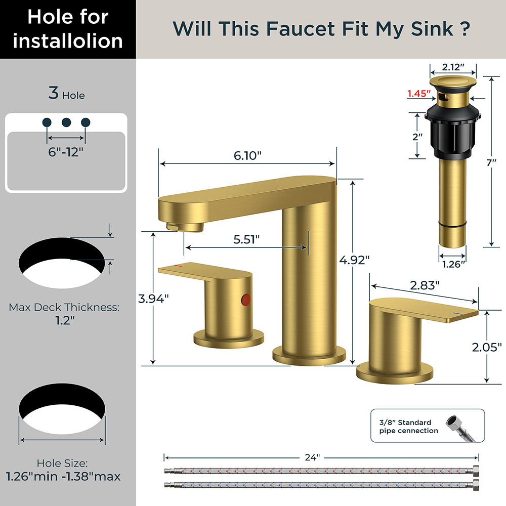 FORIOUS Brushed Nickel Vanity Bathroom Faucets 3 Hole, 8 Inch Widespread Bathroom Sink Faucet with Pop-up Drain and Supply Lines, 2-Handle for Basin