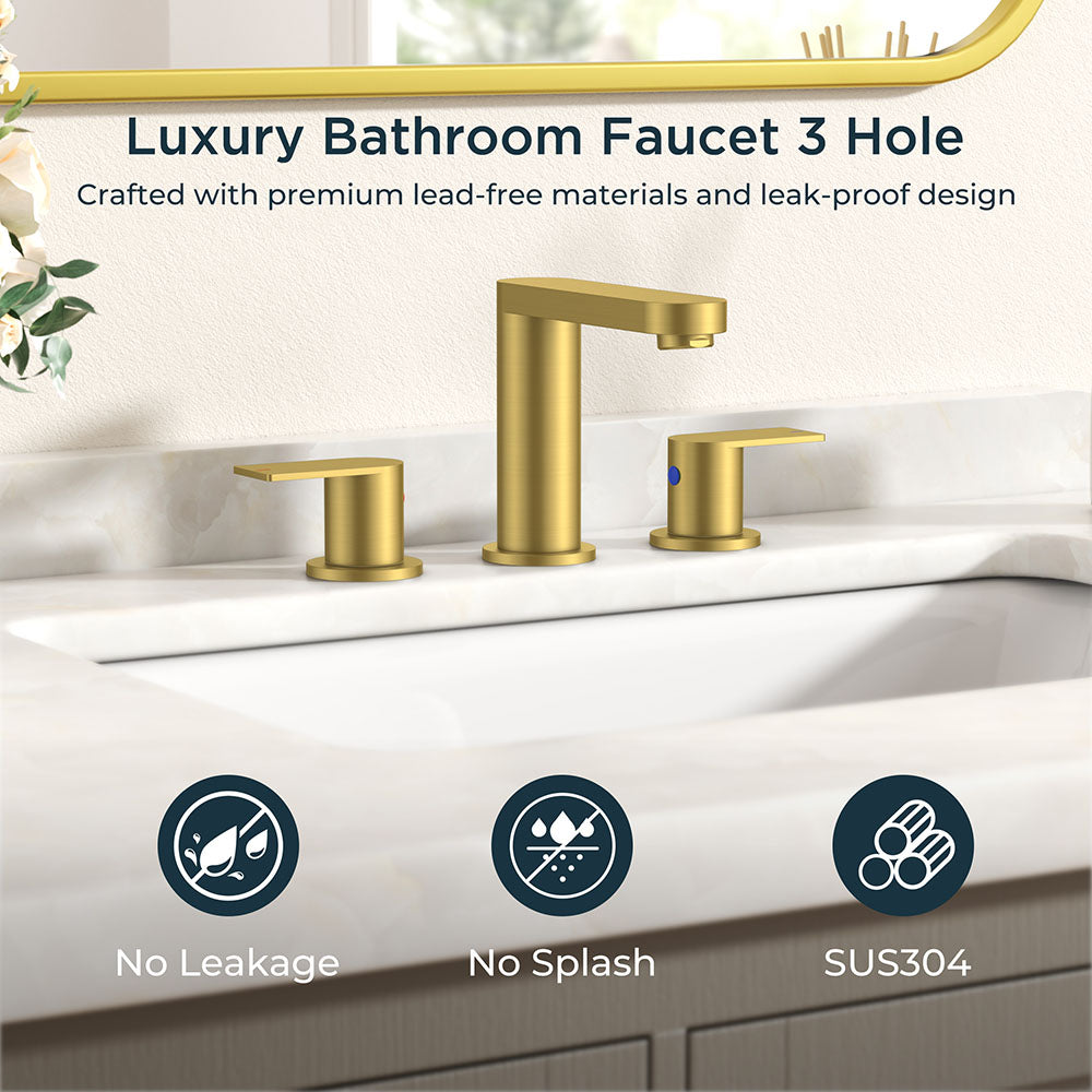 FORIOUS Brushed Nickel Vanity Bathroom Faucets 3 Hole, 8 Inch Widespread Bathroom Sink Faucet with Pop-up Drain and Supply Lines, 2-Handle for Basin