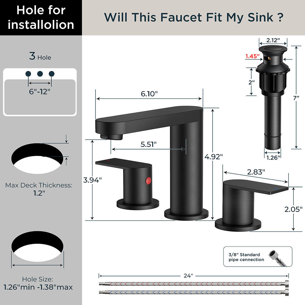 FORIOUS Brushed Nickel Vanity Bathroom Faucets 3 Hole, 8 Inch Widespread Bathroom Sink Faucet with Pop-up Drain and Supply Lines, 2-Handle for Basin