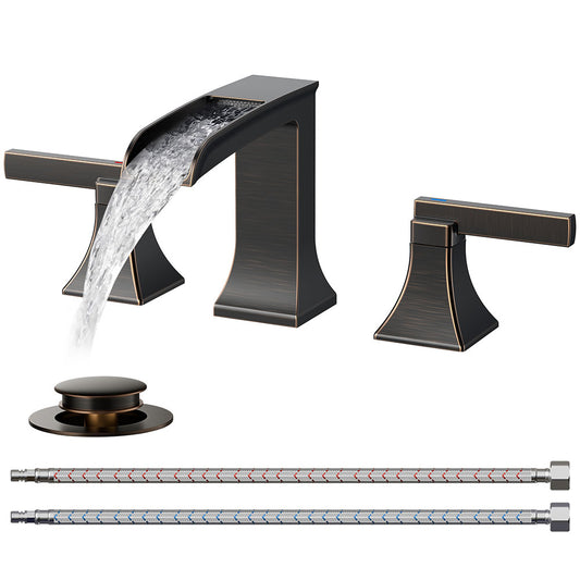 FORIOUS Waterfall Oil Rubbed Bronze  Bathroom Faucet 3 Hole Vanity, Two Handle Brass Gold Faucet for Bathroom Sink Widespread 8 Inch with Metal Pop-up Drain and CUPC Pre-Assembled Hose