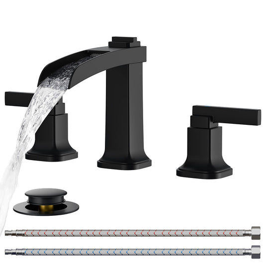 FORIOUS Waterfall Brushed Gold Bathroom Faucets 3 Hole, Modern Widespread 8 Inch Bathroom Sink Faucet with Metal Pop-up Drain and Pre-Assembled Hose for Vanity,Restroom