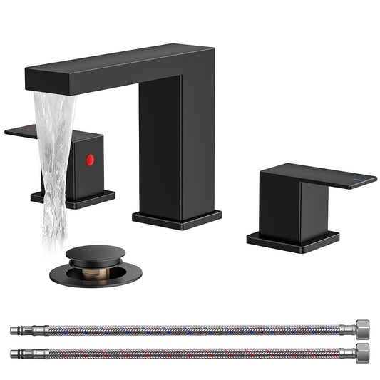 FORIOUS Matte Black Waterfall Bathroom Faucet 3 Hole, 8 Inch Widespread Square Bathroom Sink Faucet with Metal Pop-Up Drain and cUPC Supply Lines Included for Restroom, Lavatory, Vanity Sink