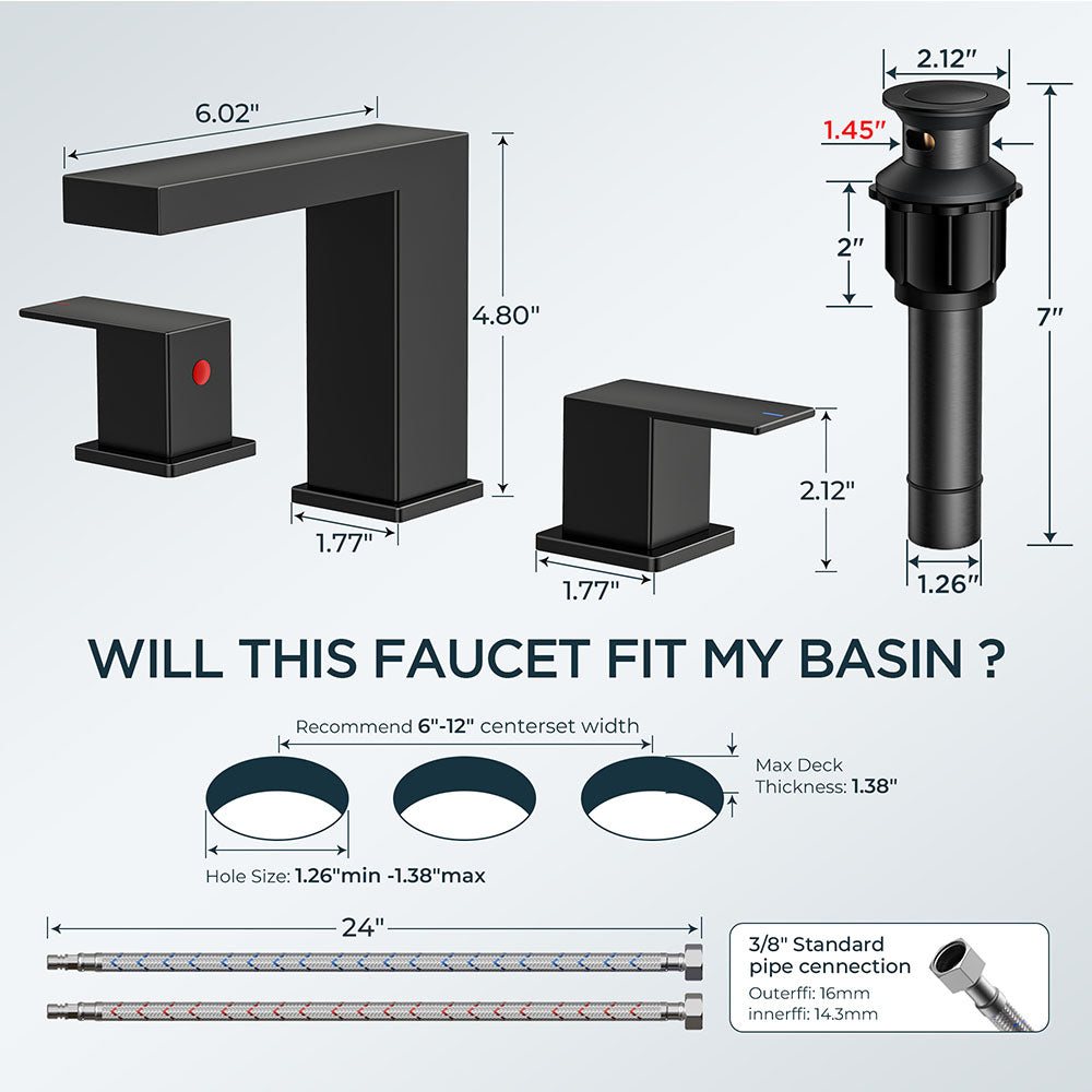 FORIOUS Matte Black Waterfall Bathroom Faucet 3 Hole, 8 Inch Widespread Square Bathroom Sink Faucet with Metal Pop-Up Drain and cUPC Supply Lines Included for Restroom, Lavatory, Vanity Sink