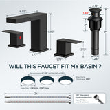 FORIOUS Matte Black Waterfall Bathroom Faucet 3 Hole, 8 Inch Widespread Square Bathroom Sink Faucet with Metal Pop-Up Drain and cUPC Supply Lines Included for Restroom, Lavatory, Vanity Sink