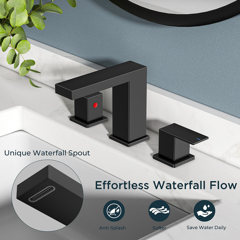 FORIOUS Matte Black Waterfall Bathroom Faucet 3 Hole, 8 Inch Widespread Square Bathroom Sink Faucet with Metal Pop-Up Drain and cUPC Supply Lines Included for Restroom, Lavatory, Vanity Sink