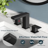FORIOUS Matte Black Waterfall Bathroom Faucet 3 Hole, 8 Inch Widespread Square Bathroom Sink Faucet with Metal Pop-Up Drain and cUPC Supply Lines Included for Restroom, Lavatory, Vanity Sink