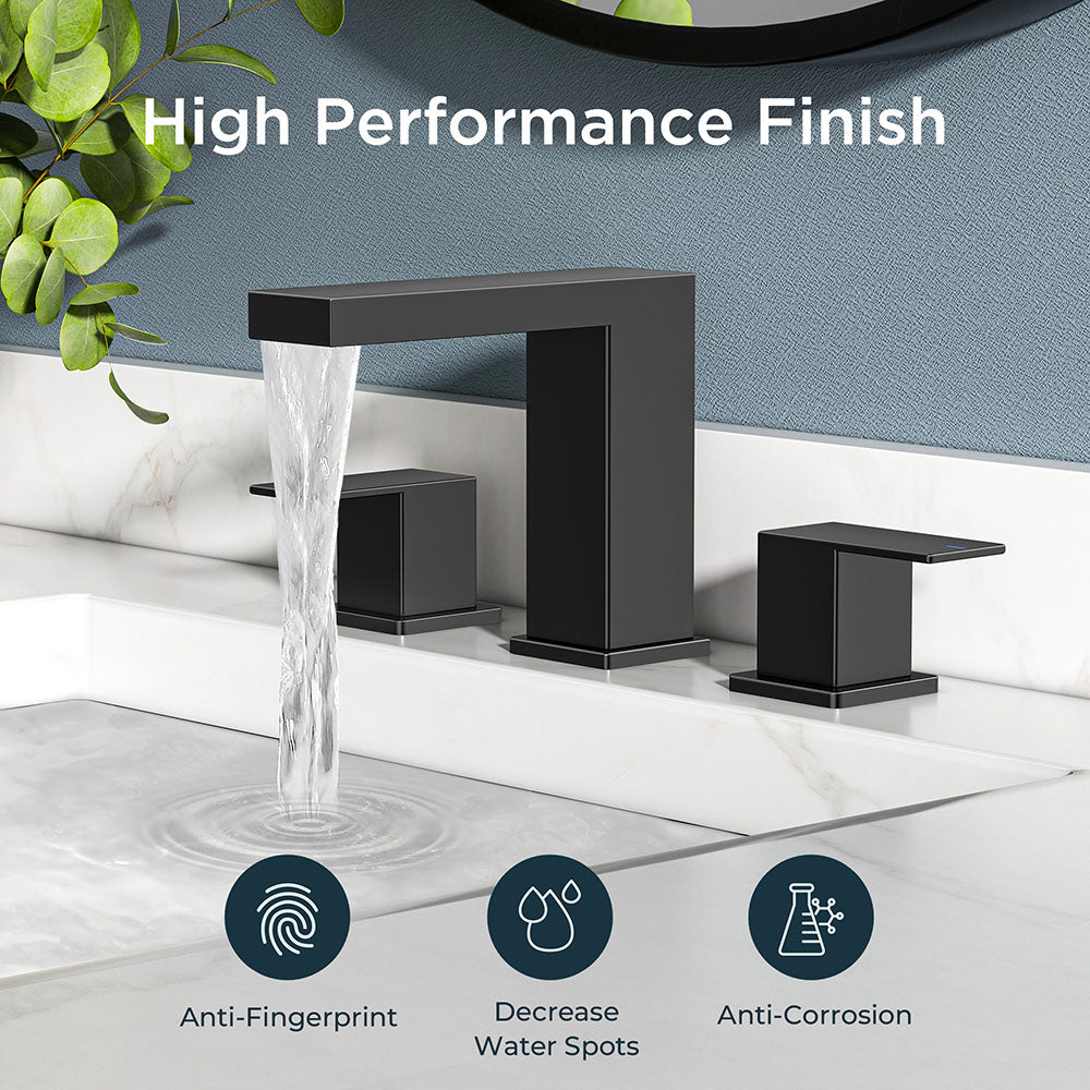FORIOUS Matte Black Waterfall Bathroom Faucet 3 Hole, 8 Inch Widespread Square Bathroom Sink Faucet with Metal Pop-Up Drain and cUPC Supply Lines Included for Restroom, Lavatory, Vanity Sink
